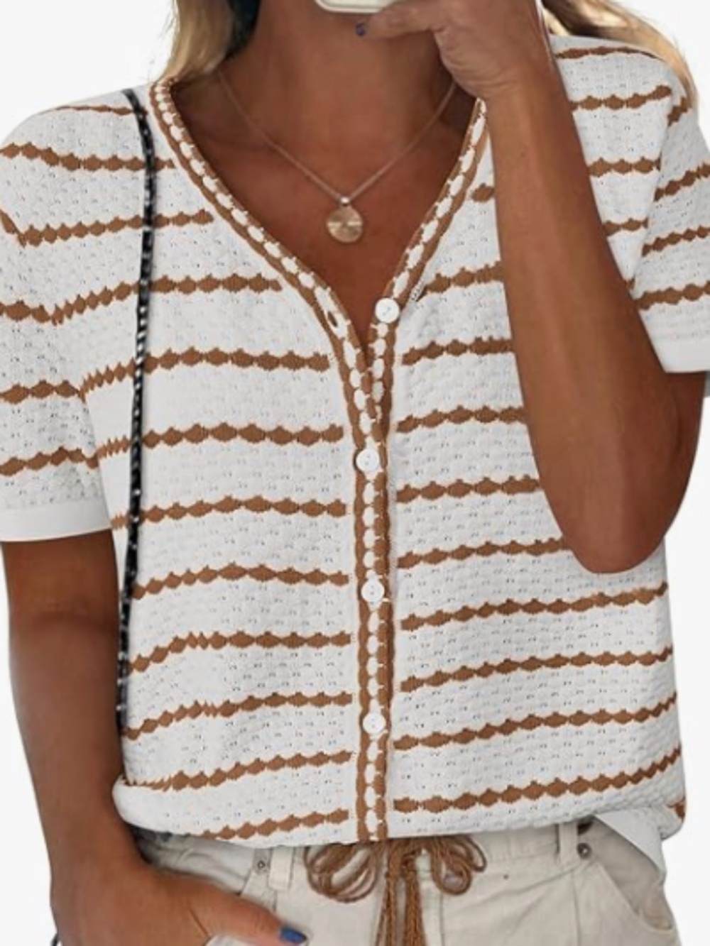Amazon's NALANISA Short Sleeve Crochet Button Up Blouse XL NWT